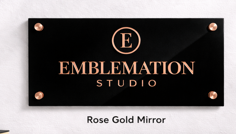 24x12 acrylic monogram sign - black backing with rose gold mirror finish