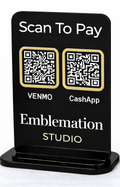 Black acrylic QR code payment sign with gold accents