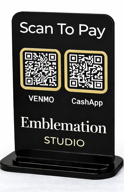 Black acrylic QR code payment sign with gold accents