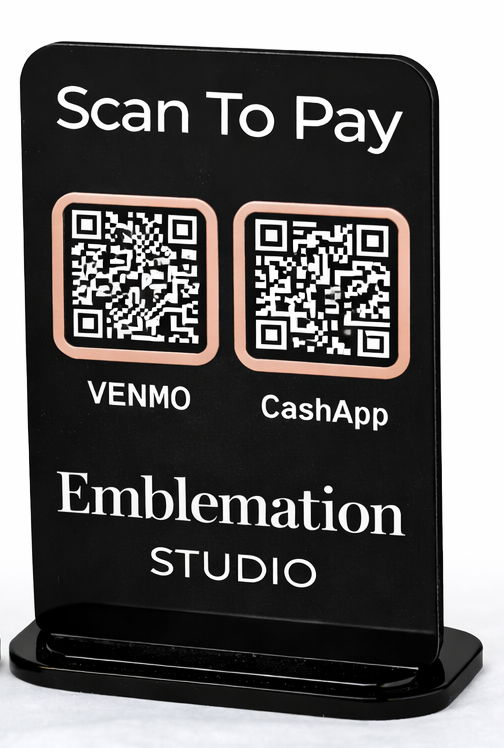 Black acrylic QR code payment sign with rose gold accents