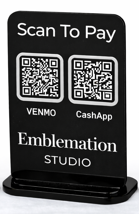 Black acrylic QR code payment sign with silver accents