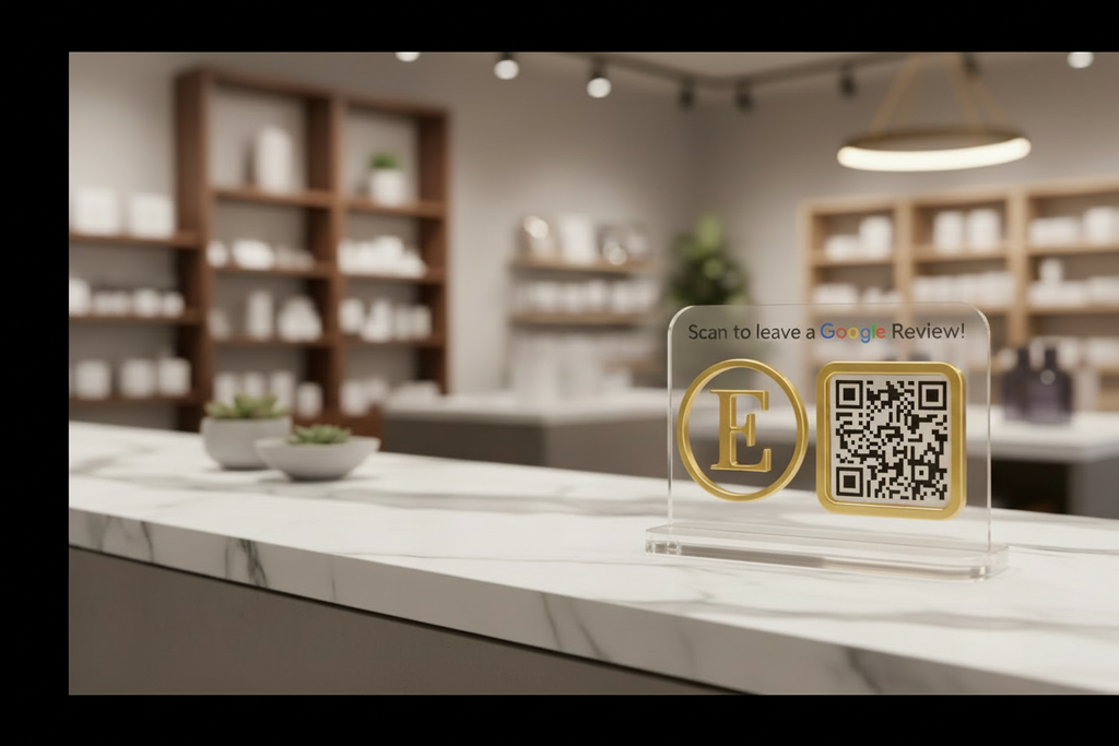 Clear/Gold Google Review sign in upscale retail setting