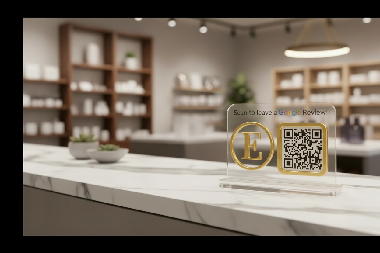 Clear/Gold Google Review sign in upscale retail setting