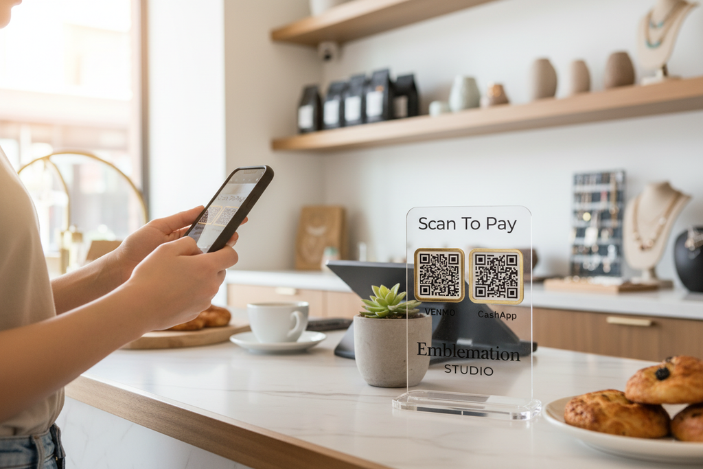 Clear/gold Scan To Pay sign in use