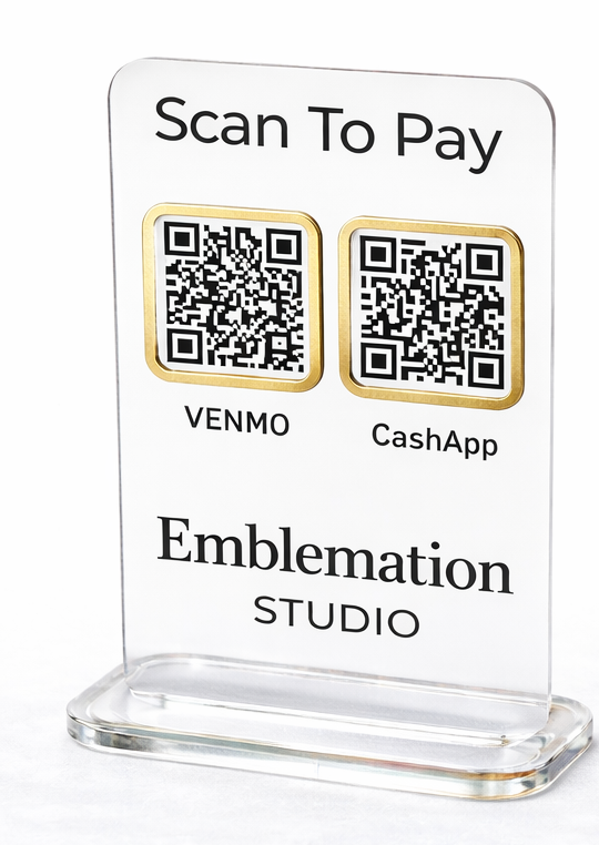 Clear acrylic QR code payment sign with gold accents - product view