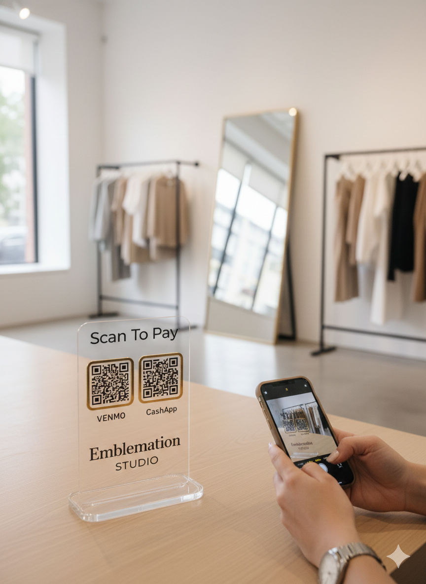 Clear acrylic QR code payment sign with gold accents in use