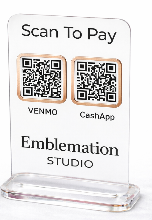 Clear acrylic scan to pay sign with rose gold accents