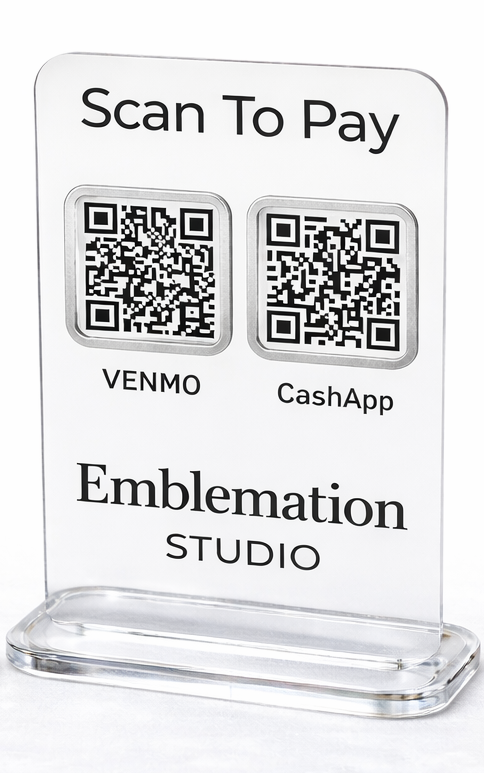 Clear acrylic scan to pay sign with silver accents