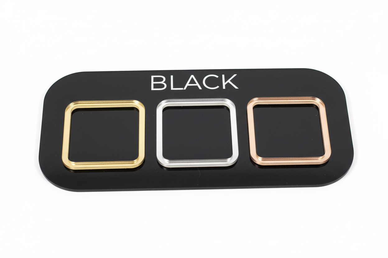 Enhanced black acrylic base with mirror accents on white background