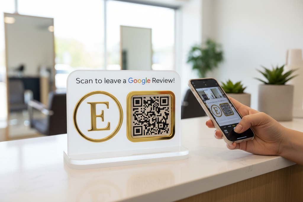 Frosted/Gold Google Review sign - customer scanning in real business setting
