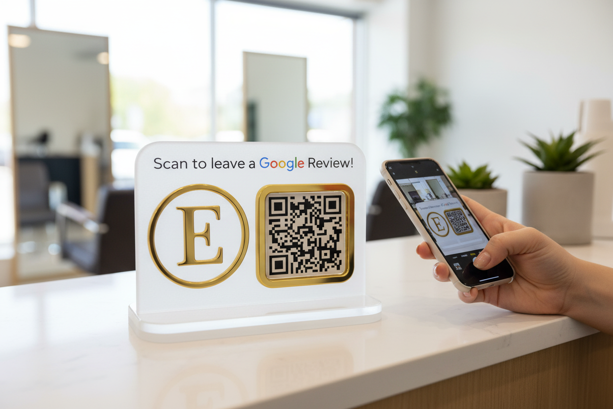 Frosted/Gold Google Review sign - customer scanning in real business setting