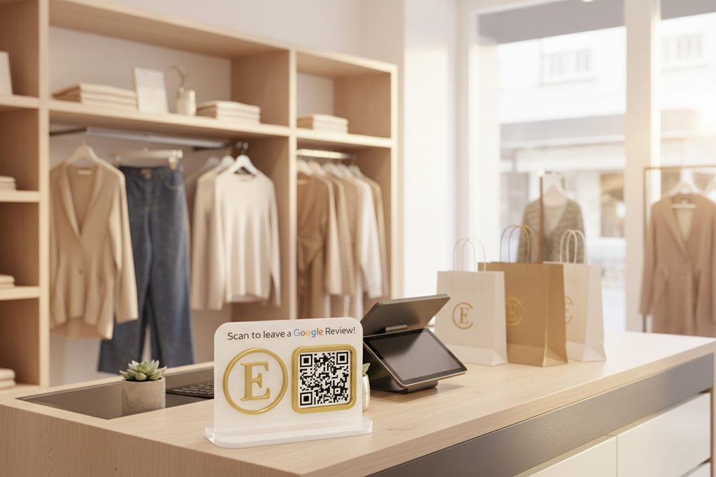 Frosted/Gold Google Review sign displayed in retail boutique