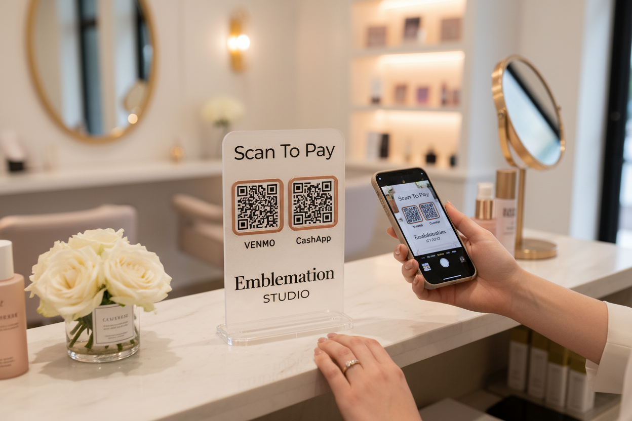 Frosted/rose gold Scan To Pay sign in use