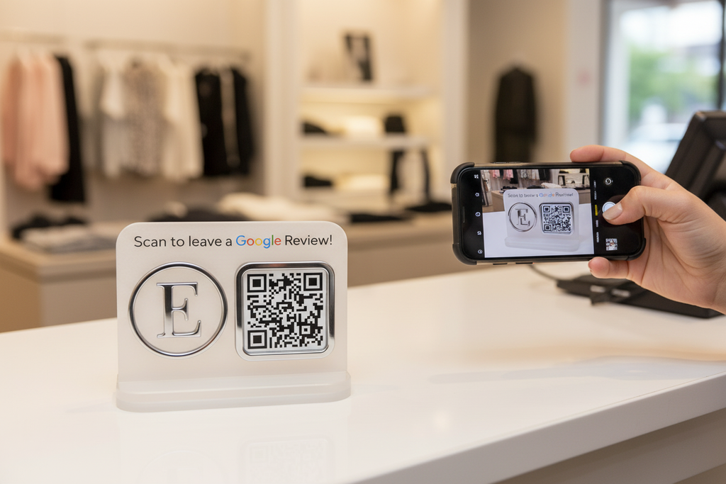 Frosted/Silver mini Google Review sign with accurate size comparison to phone