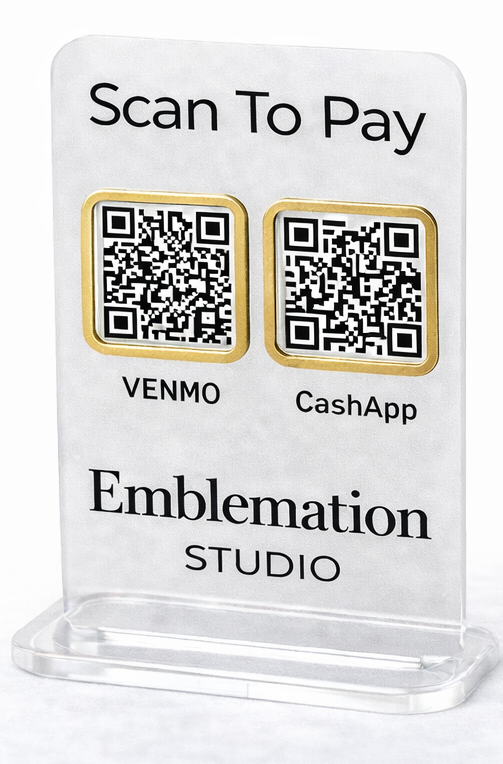 Frosted acrylic QR code payment sign with gold accents