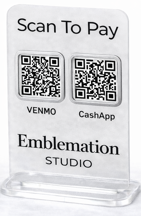 Frosted acrylic QR code payment sign with silver accents