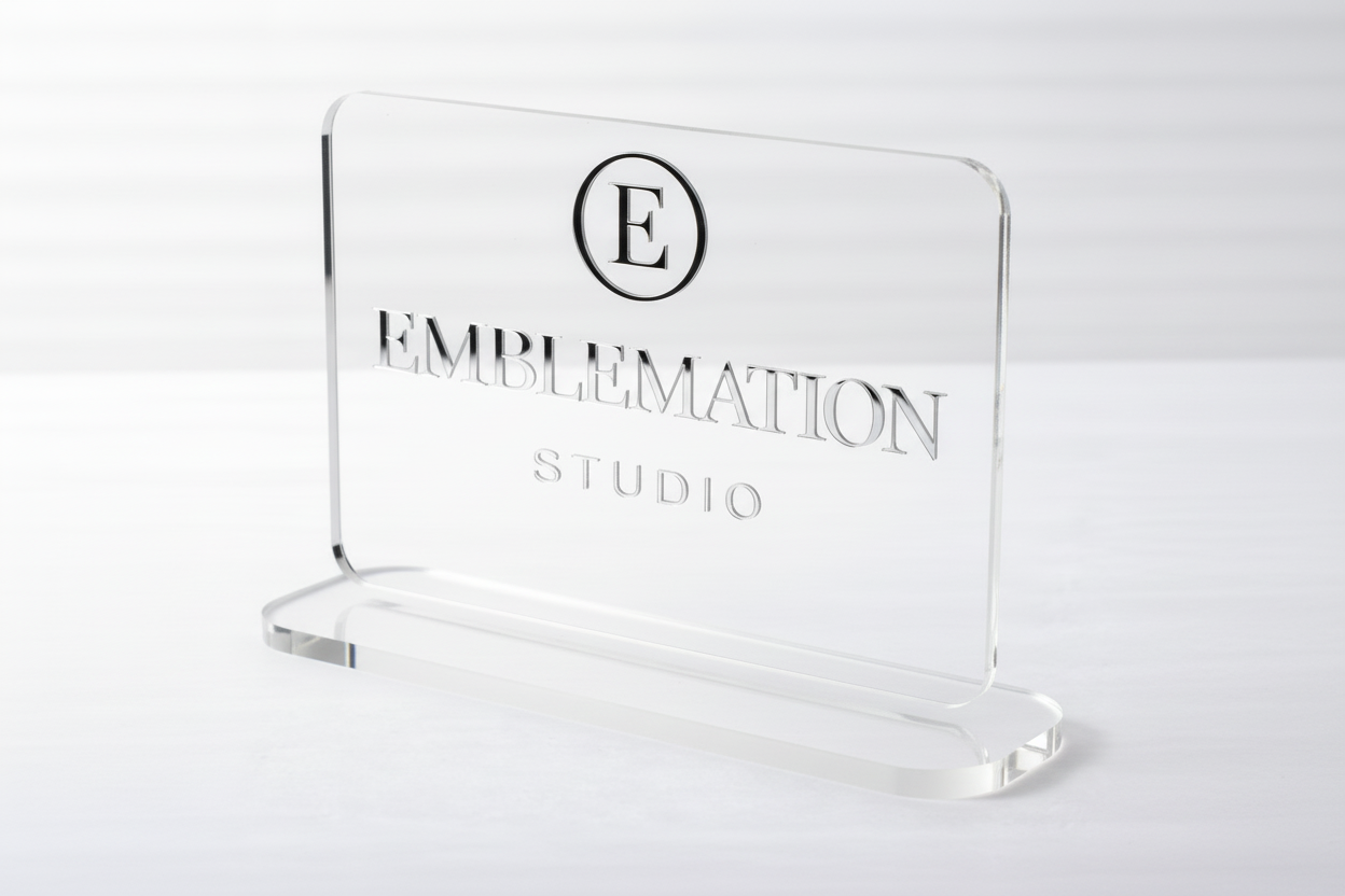 Black acrylic Emblemation Studio sign with silver mirrored lettering