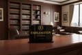 Black and gold Emblemation Studio sign on law office reception desk