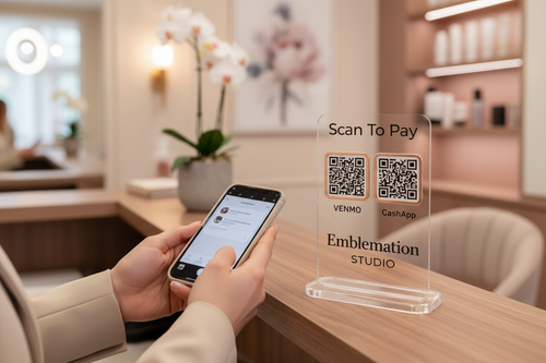 Rose gold Scan To Pay sign in use